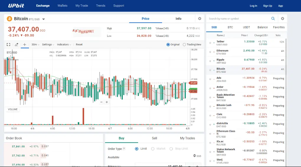 Upbit trading interface showing KRW order books, candlestick charts, and depth indicators for a major pair on a cryptocurrency exchange