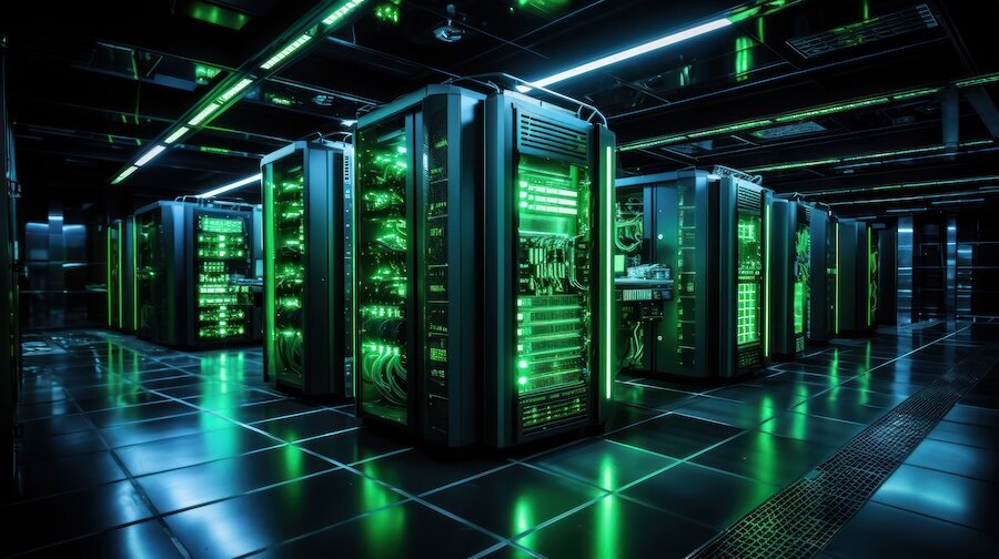 Rows of green-lit server racks in a data center, the hardware Solana high-throughput validators demand